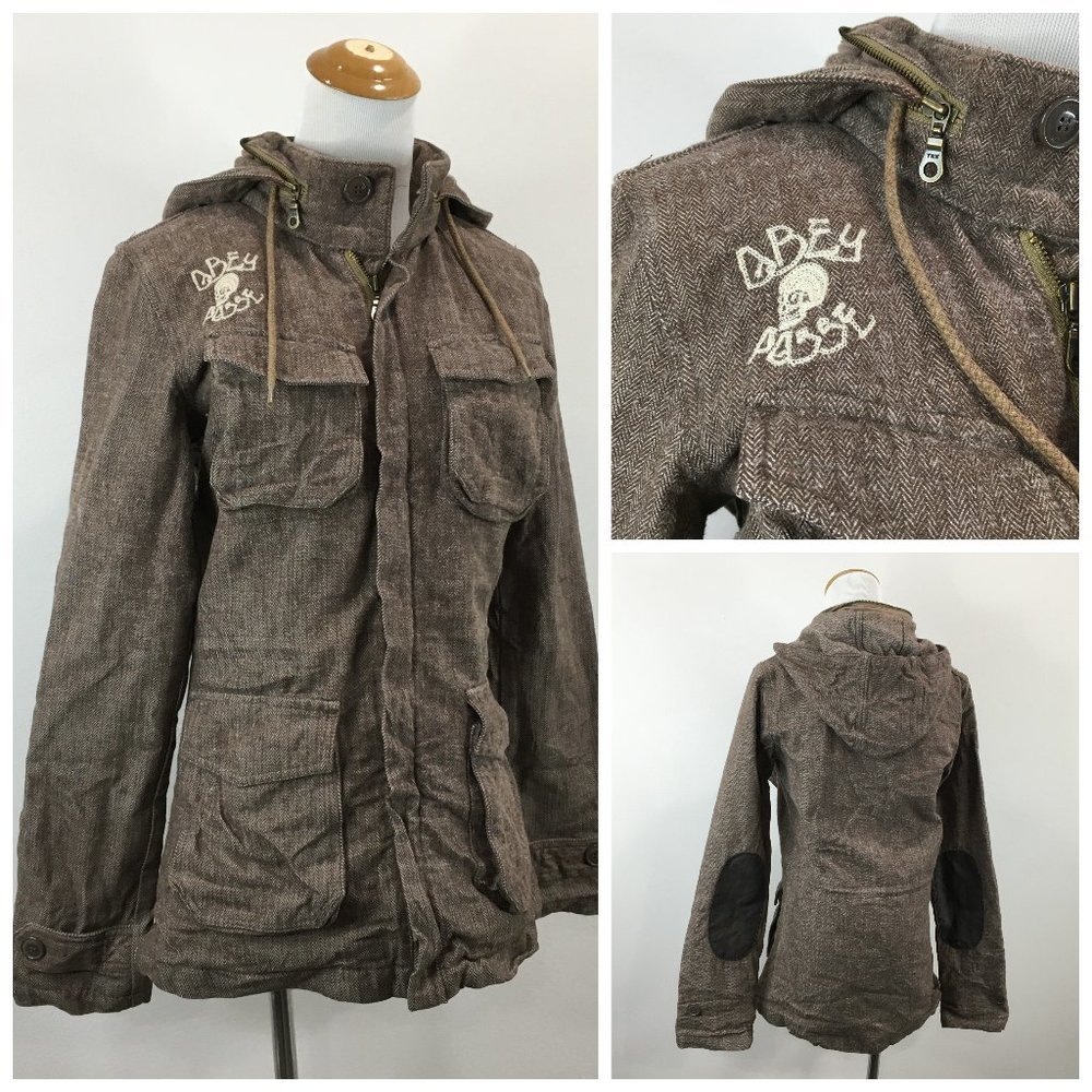 OBEY Brown Logo Embroidery Linen Blend Herringbone Hoodie Elbow Patch Jacket